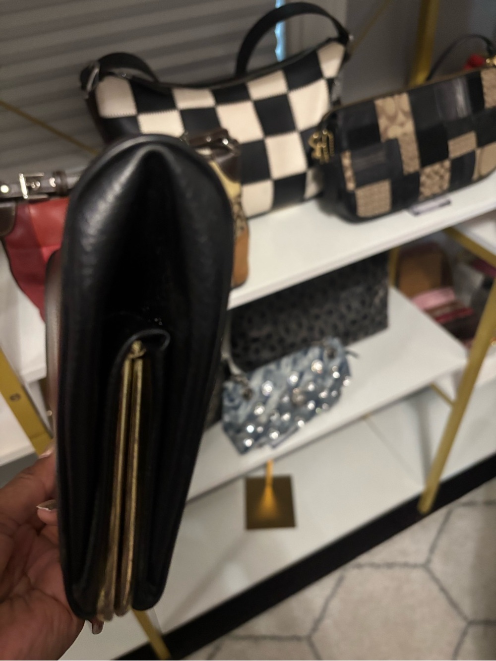 Black Leather Top-Handle Bag with Amber Handle - Picture 6 of 9